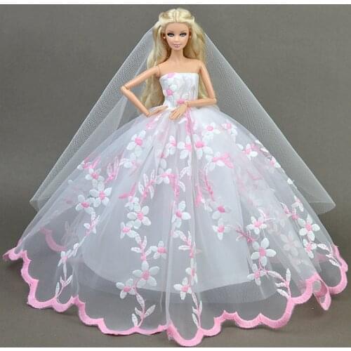 Dress + Veil / Flower Embroider Wedding Evening Lace Gown Clothing Outfit Accessories For Xinyi Barbie Doll Toys for Children