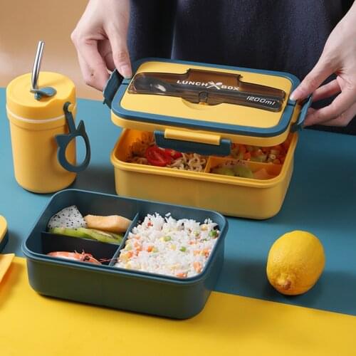 Portable 1200ml Lunch Box 3 Partitions Bento Box Student Dinnerware Set BPA Free Microwave Food Storage Container