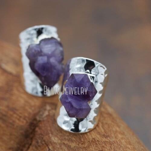 RM5856 Raw Amethyst Stone Jewelry Boho Amethyst Wide Band Ring February Birthstone Stone Statement Ring Silver Cuff Ring