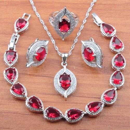 Rose Red Crystal Jewelry Set For Women Silver Color Eye Design Earrings Zirconia Necklace Pendant Rings Bracelet Set JS0235