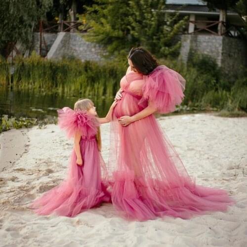 Modest Coral Long Tulle Maternity Dresses Photography One Shoulder A-line Mother And Me Illusion Mesh Tulle Women Dress Gowns