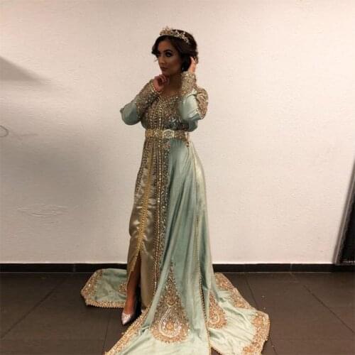 Sexy V Neck Long Sleeves Moroccan Kaftan Formal Evening Dresses Beads Applique Special Occasion Prom Dresses Dubai Arabia Gowns