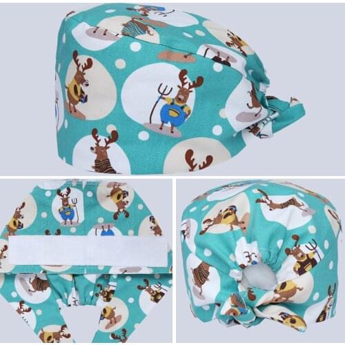 Christmas Deer Green Scrub Cap Nurse Work Hat Ground Skull Caps 100% Cotton Tieback Sweataband Chef Beautician Head Wear M122