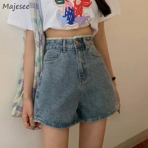 Shorts Women Patchwork Lace Blue Denim Straight Korean Style Simple Design Sweet Lovely Female Students Casual Slim Fashion Chi