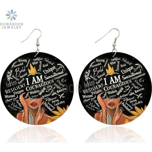 SOMESOOR I AM Leo Queen Stylish Wooden Drop Earrings Soulful Courageous Melanin Sayings Printed Dangle Jewelry For Women Gifts