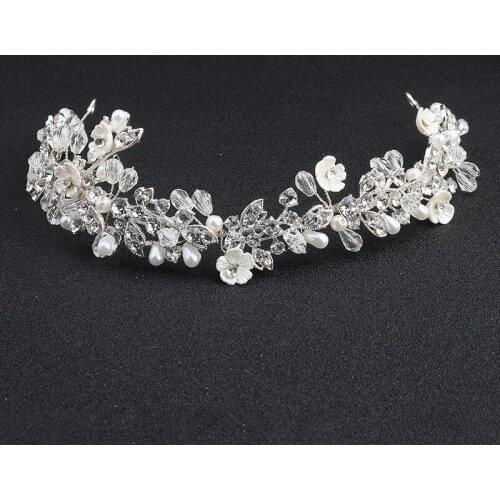 SLBRIDAL Handmade Wired Rhinestones Crystals Pearls Flower Wedding Tiara Headband Bridal Hair Vine Hair Accessories Bridesmaids
