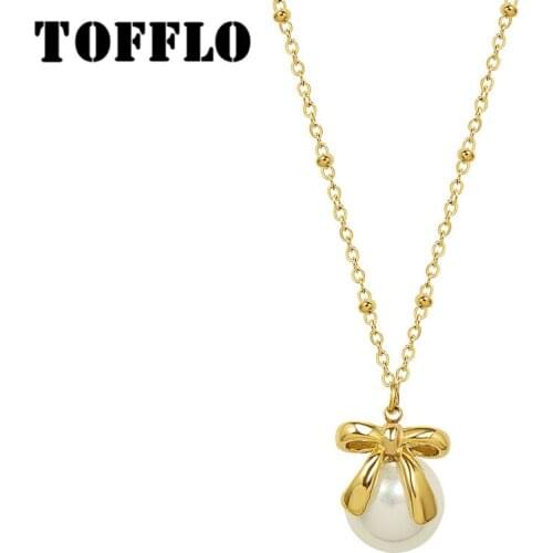 TOFFLO Stainless Steel Jewelry Pearl Bow Pendant Necklace Elegant And Sweet Female Clavicle Chain BSP1080