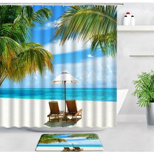 Tropical Palm Trees Beach Ocean Shower Curtains Bath Mats Set Summer Scenery Home Decor Door Pad Bathroom Carpet WC Non-slip Rug