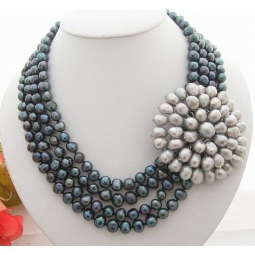 Y·YING 4Strands Black Baroque freshwater Pearl Gray Pearl Flower Necklace Handmade Womens Jewelry
