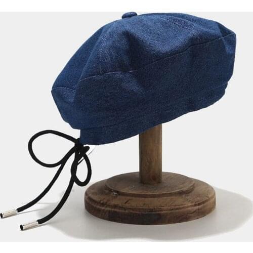 Japanese Style Women Autumn Denim Cotton Beret Cap Sweet Ribbon Lace-Up Bowknot Vintage Elegant Newsboy Artist Painter Beanie