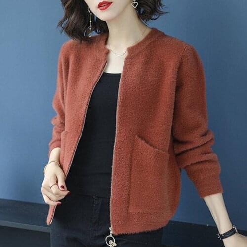 Imitation Mink Velvet Long Sleeve Knitted Sweater Coat Female Round Neck Zipper Pocket Decoration Long Sleeve Sweater Coat Women