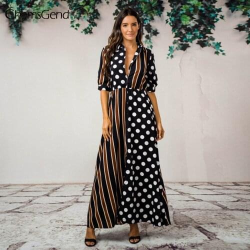 Vintage Polka Dot Print Maxi Dress Women Boho Three Quarter Sleeve Long Dress V-neck Casual Shirt Office Evening Paty Dresses