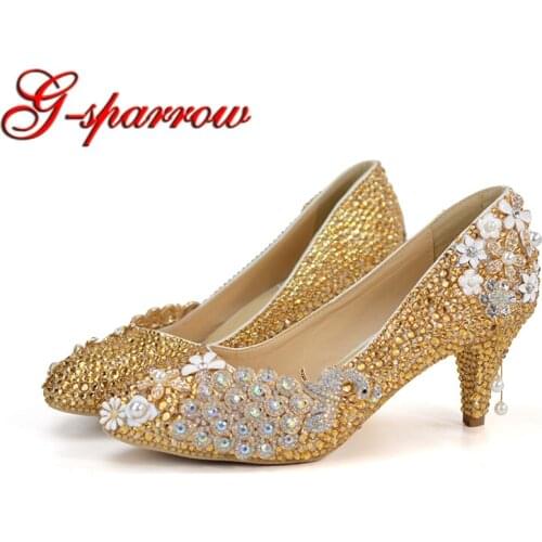 Gold Rhinestone Pumps Wedding Party Shoes Middle Heel Pointed Toe Graduation Prom Dancing Shoes Crystal Mother of Bride Shoes