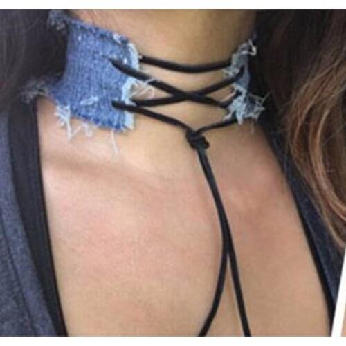 2016 4cm Blue Denim Choker Necklace For Women Tassel Jeans Chokers Black Velvet Tied Chocker tattoo choker Collier ras de cou
