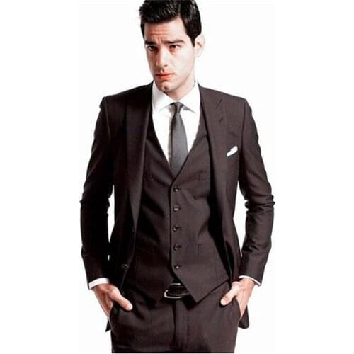 2019 Custom Made Mens Wedding Tuxedos Groom Dark brown Suits Wedding Blazers Dinner Party Men Suit ( jacket+Pants+vest+tie)
