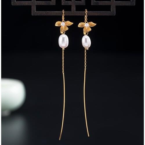2021 New Orchid Ear Threads Real 925 Sterling Silver Drop Earrings Set With Freshwater Pearl Vintage Jewelry For Women