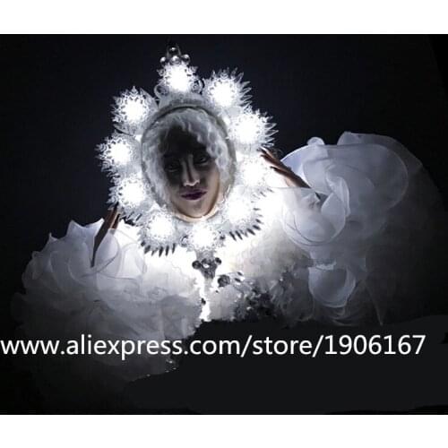 White Led Luminous Sexy Lady Party Evening Dress With Led Headwear Light Up DS Nightclubs Stage TV Shows Clothes C Suit
