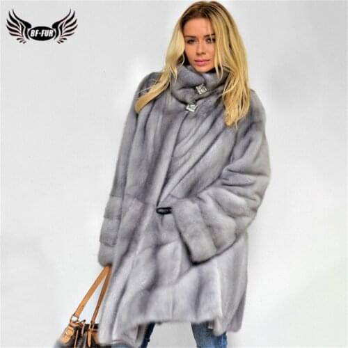 BFFUR 2020 New Womens Real Mink Fur Coat Long With Stand Collar Luxury Genuine Mink Fur Jacket Plus Size Overcoat High Quality