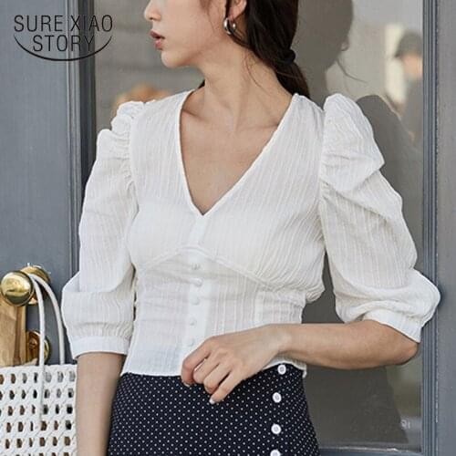 Blusas 2020 Fashion Woman Shirt Casual V-neck Women Blouse Half Sleeve Fairy Chiffon Shirt Solid Cotton Lady Clothing 10191