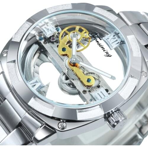 Forsining Men Transparent Design Mechanical Watch Automatic Silver Square Gold Gear Skeleton Stainless Steel Wristwatch Classic