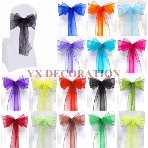100PCS Lot Organza Chair Sashe Wedding Chair Knot Cover Decoration Chairs Bow band Belt Ties For Weddings Banquet