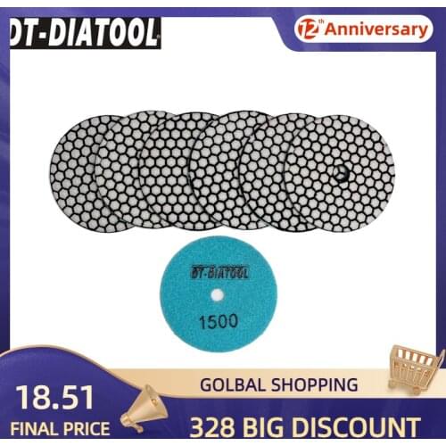 DT-DIATOOL 7pcs/pk Flexible Diamond Sanding Disc 4"/100mm Dry Resin Bond Polishing Pads #1500 For Granite Marble Dia