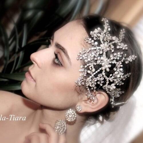 European And American Luxury Hot-Selling Crystal Pearl Silver Headband Handmade Woven Rhinestone Bridal Wedding Headdress