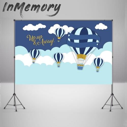Boy First Birthday Backdrop Photography Props Blue theme Up Up and Away Hot Air Balloons Baby Shower Background Photo Studio