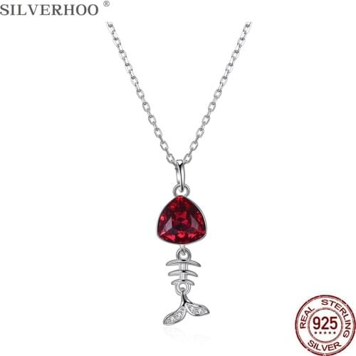 SILVERHOO 925 Sterling Silver Lovely Little Fish Bone Pendant Necklace Good Looking Red Austria Crystal Collarbone Chains Gift