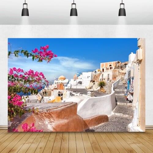 Grunge Greece Architecture Seaside Sky Blossom Baby Portrait Scenic Photo Backdrop Photo Backgrounds Photophone For Photozone