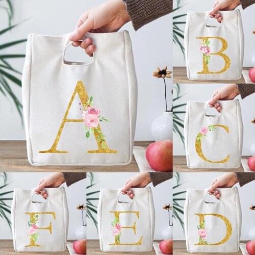 Letter Print Canvas Lunch Bags Aluminium Foil Lining Bento Box Totes Cooler Handbags Picnic School Container Food Storage Pouch