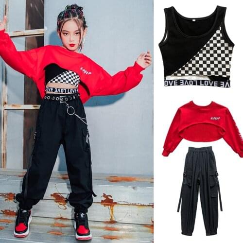 New Girls Hip Hop Dance Costumes For Kids Red Top Black Loose Hiphop Pants Jazz Performance Dance Wear Festival Outfits DQS6231