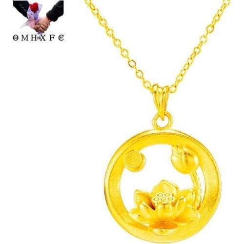 OMHXFC Wholesale PN620 European Fashion Fine Woman Girl Party Birthday Wedding Gift Lotus Round 24KT Gold Pendant Charm