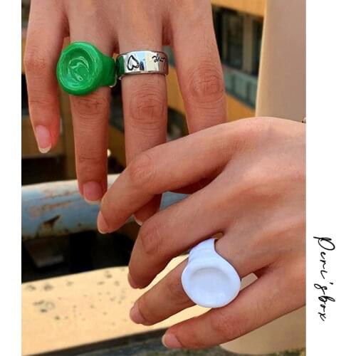 PerisBox Minimalist Green White Enamel Chunky Finger Rings For Women Round Zinc Alloy Ring Summer Punk Jewelry