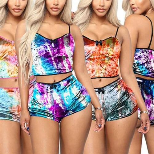 Hot Women 2Pcs Set Velvet Sleepwear Sexy Strap Shorts Tie-dye Pajamas Suit Ladies Casual Sleepwear Female Pajama Party Set S-XXL