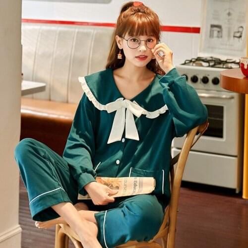 Pajamas Womens Spring And Autumn New Cotton Womens Cardigan Doll Collar Korean Leisure Home Wear Can Wear Two Pieces