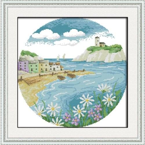 Seaside island scenic painting Cross stitch kit 14ct 11ct count print stitching circular pattern embroidery set DIY needlework
