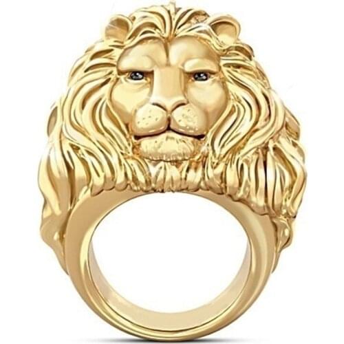 Punkboy Hot Sale 3D Realistic African Lion Ring Lettering Heart of A Lion Head Animals Pattern Alloy Ring for Men Jewelry