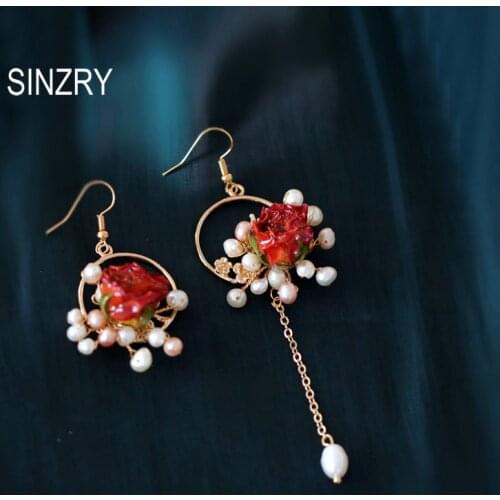 SINZRY NEW handmade preserved rose flower asymmetric pearl drop earrings elegant costume jewelry accessory