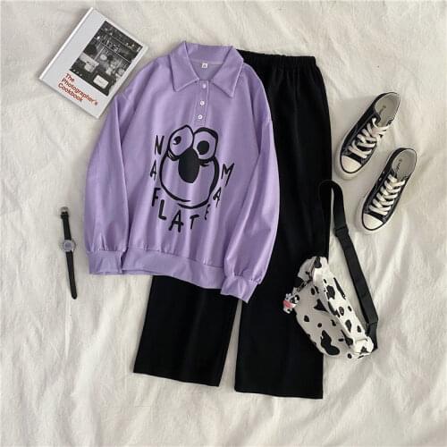 Two-piece sports suit women spring and autumn new loose Polo collar sweater outfits for women crop top sweatsuit for women