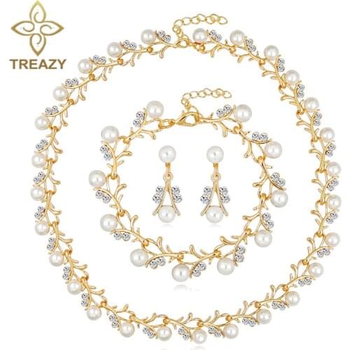 TREAZY New Simulated Pearls Wedding Jewelry Sets for Women Silver Color Rhinestone Choker Necklace Earring Bridal Jewelry Sets