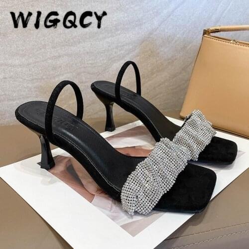 New Summer Sandals Women Rhinestone High Heels Pumps Women Shoes Fashion Ruffles Shallow Slip-On Peep Toe Party Wedding Shoes
