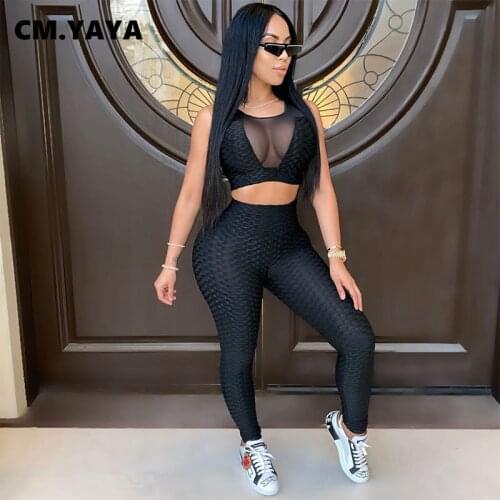 CM.YAYA Women Set Mesh Patchwork Sleeveless Top Sheath Elastic Full Length Pants 2 Piece Sets Tracksuit Summer Outfit Sportswear