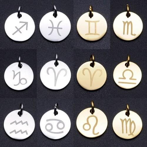 5pcs/lot Classic 12mm zodiac diy stainless steel charm wholesale horoscope necklace pendant jewelry bracelet making charms