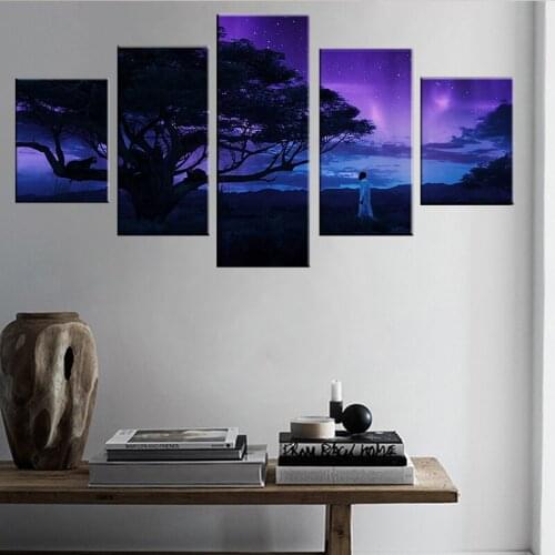 Canvas HD Prints Poster Wall Art 5 Pieces Black Panther Paintings Modular Tree Abstract Nightscape Pictures Home Decor Framework