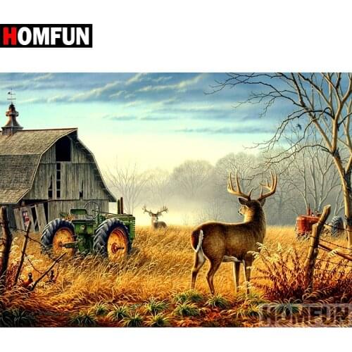 HOMFUN Full Square/Round Drill 5D DIY Diamond Painting "Deer & tractor" Embroidery Cross Stitch 5D Home Decor Gift A07543