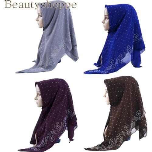 Large Size Square Scarf Muslim Turkish Hijab Pearl Chiffon Head Scarf Women High Quality Plain Shawl With Colorful Rhinestone