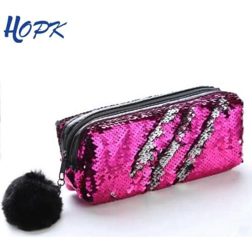 School Pencil Case Reversible Sequin Hairball PencilCase For Girls Stationery Gift Cute Pencil Box Kawaii Student Supplies