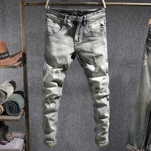 European Vintage Fashion Men Jeans Retro Elastic Slim Fit Ripped Jeans Men Korean Style Embroidery Designer Casual Denim Pants