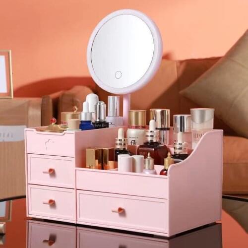 LED Light Cosmetic Storage Box Makeup Organizer Jewelry Make Up Container Drawer Desktop Display Case Bathroom Cosmetic Storage